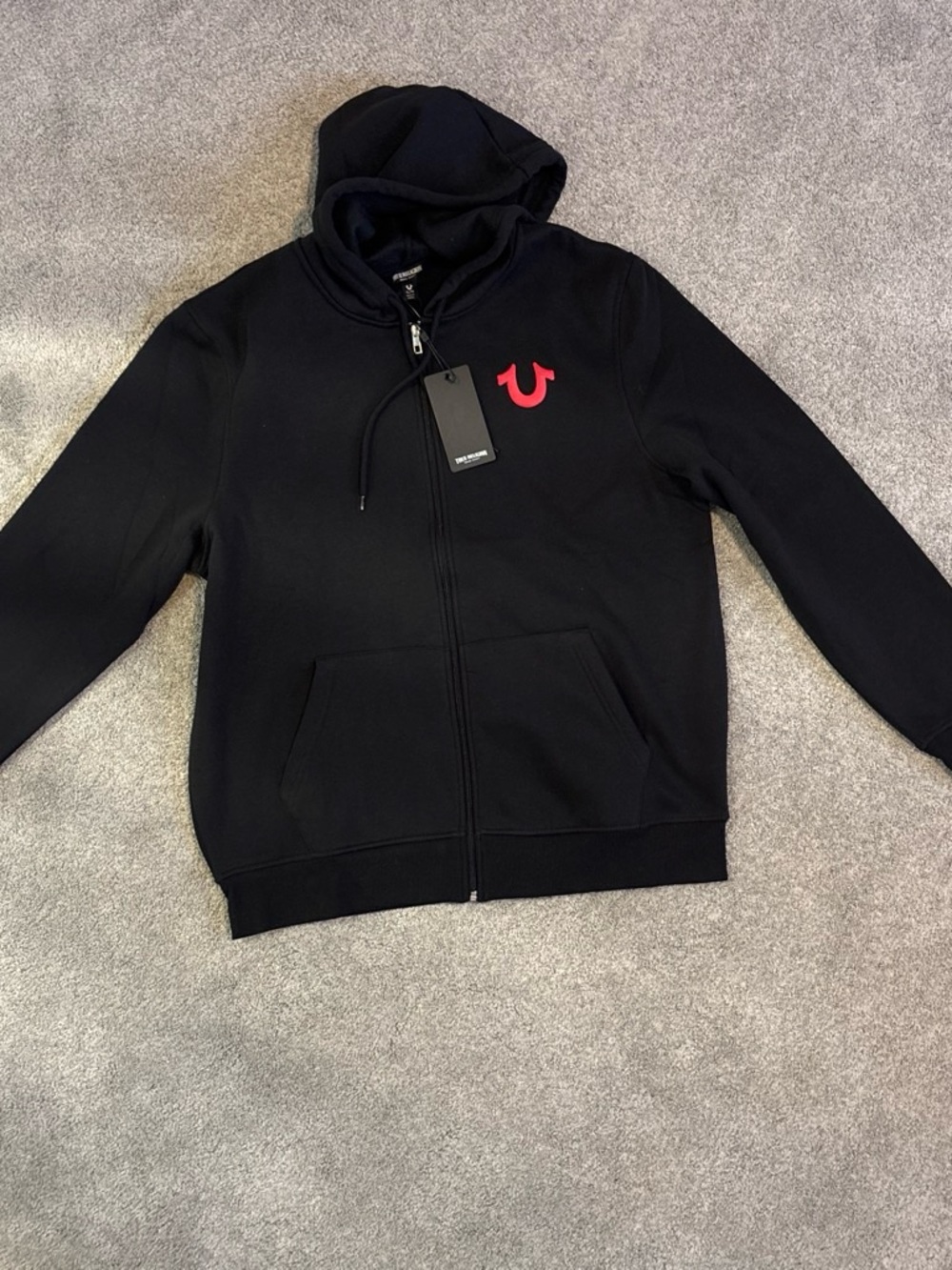 True Religion Black Zip-Up Hoodie with Red Horseshoe Logo